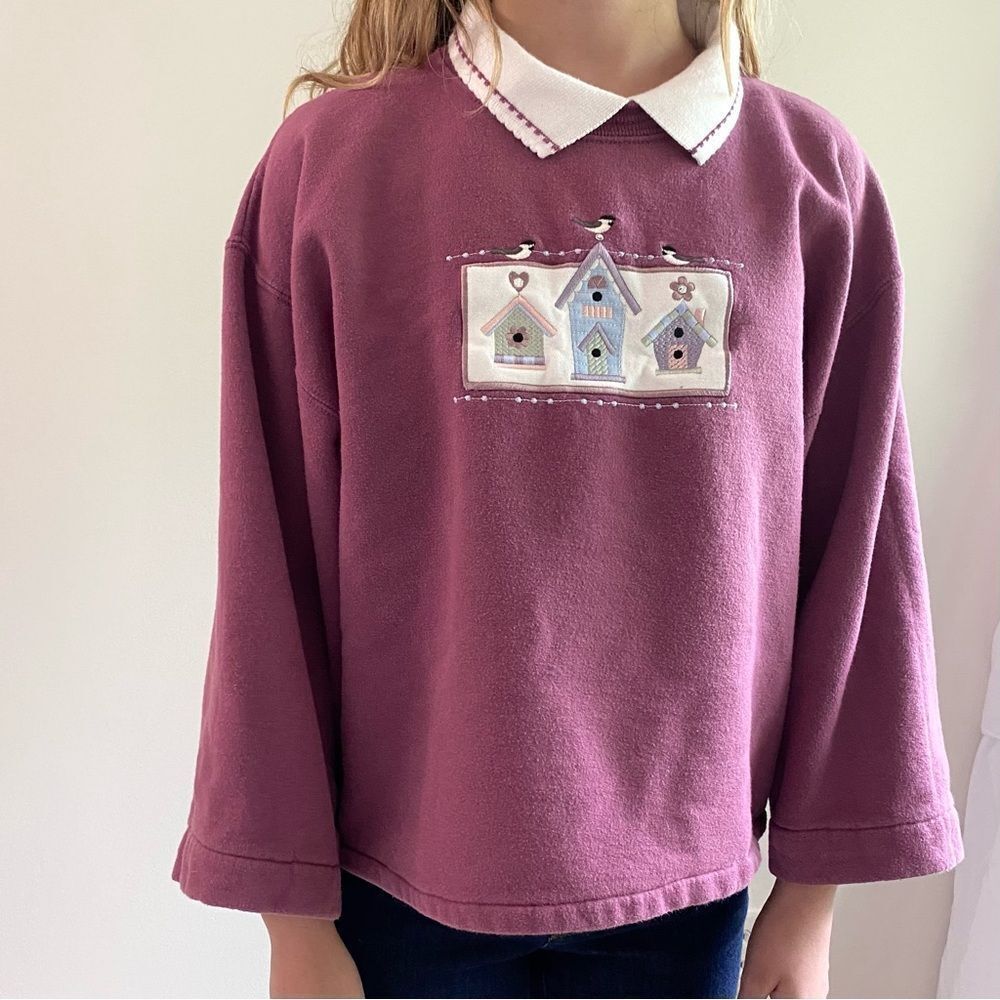 Vintage Collared Top with Embroidered Birdhouse & Birds Design